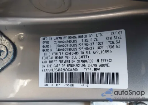 2008 Honda Cr-V Ex-L from USA, damaged, VIN JHLRE48728C034360